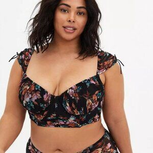 Torrid 4 4X Overt Innocence Black Bra Mesh Longline Cap Sleeve Underwire Floral